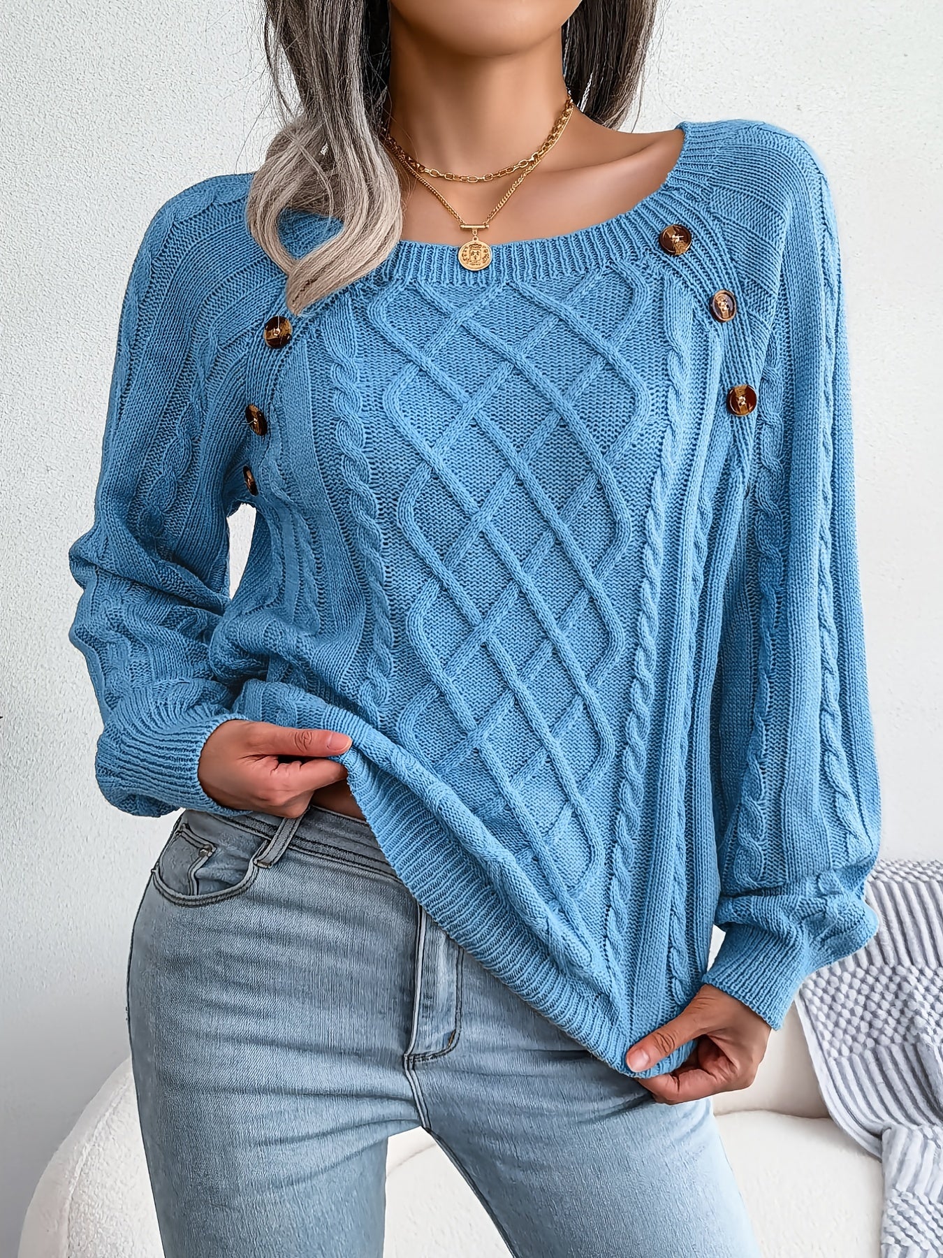 Women's Round Neck Sweater - Texture Button Lantern Sleeve Sweater