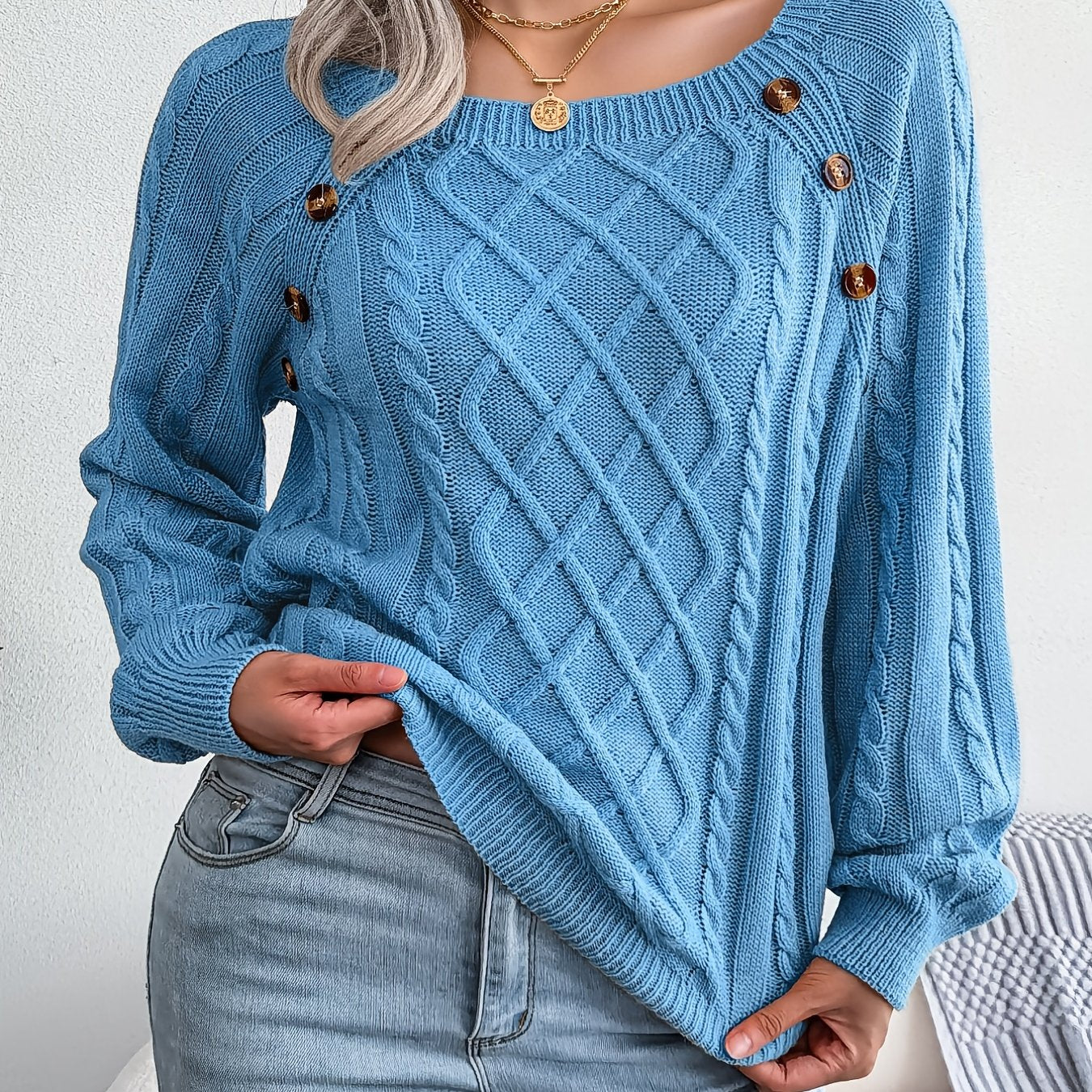 Women's Round Neck Sweater - Texture Button Lantern Sleeve Sweater