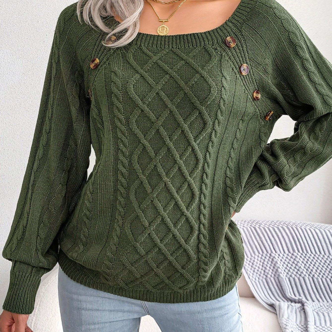Women's Round Neck Sweater - Texture Button Lantern Sleeve Sweater