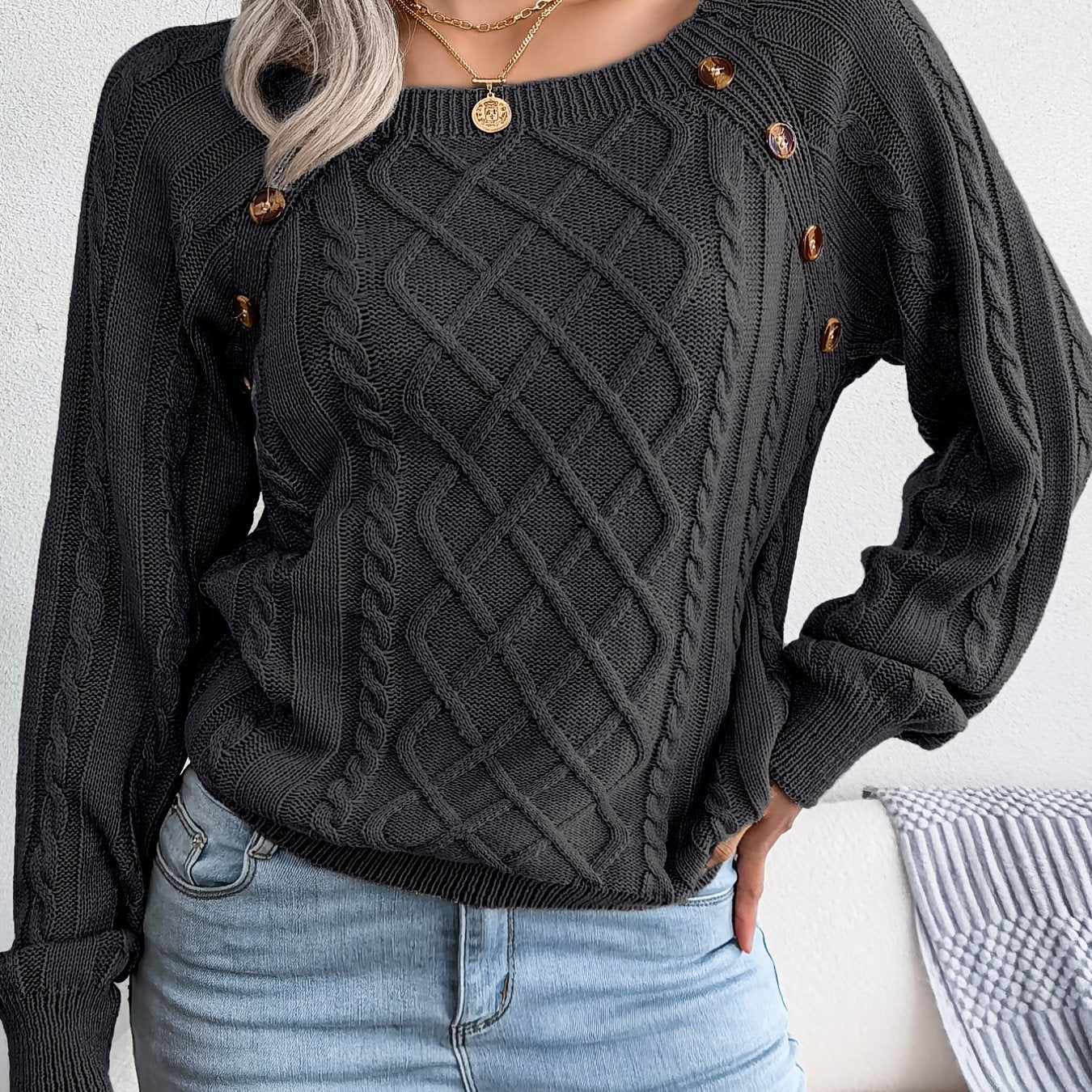 Women's Round Neck Sweater - Texture Button Lantern Sleeve Sweater