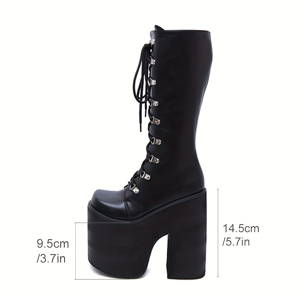 Y2K Women's Platform Boots | Black Closed Toe Lace Up Long Boots