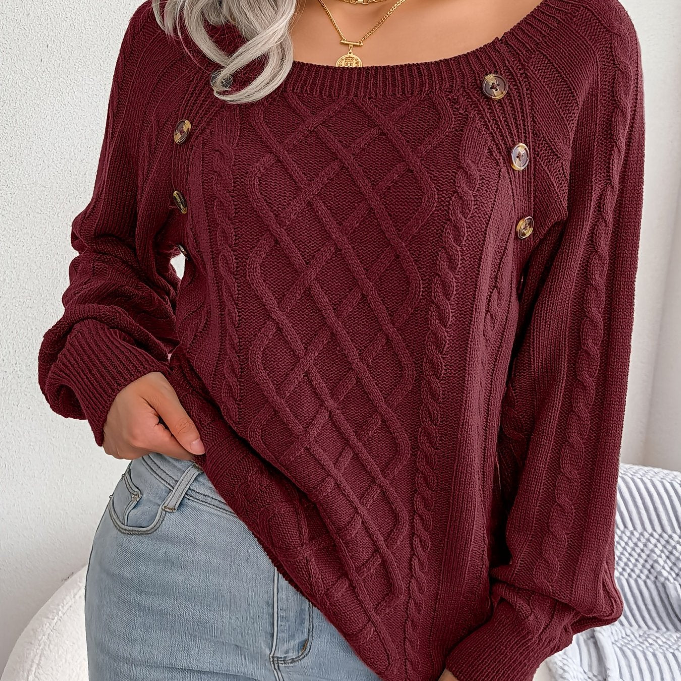 Women's Round Neck Sweater - Texture Button Lantern Sleeve Sweater