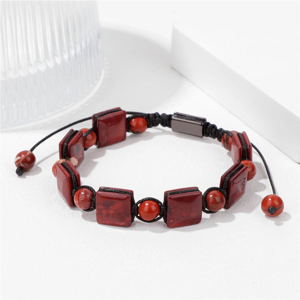 Square Green Aventurine Beads Bracelet Adjustable Rope Bangle for Women