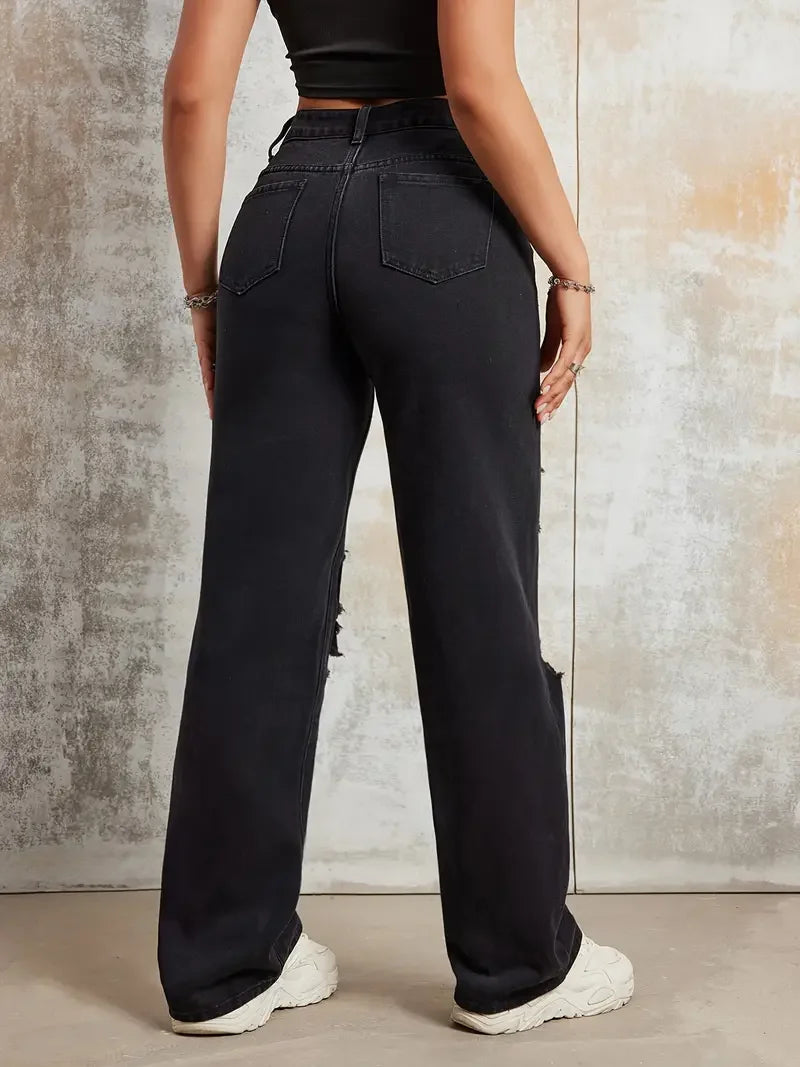 Gothic Jeans for Women Zipper Fly Ripped Denim