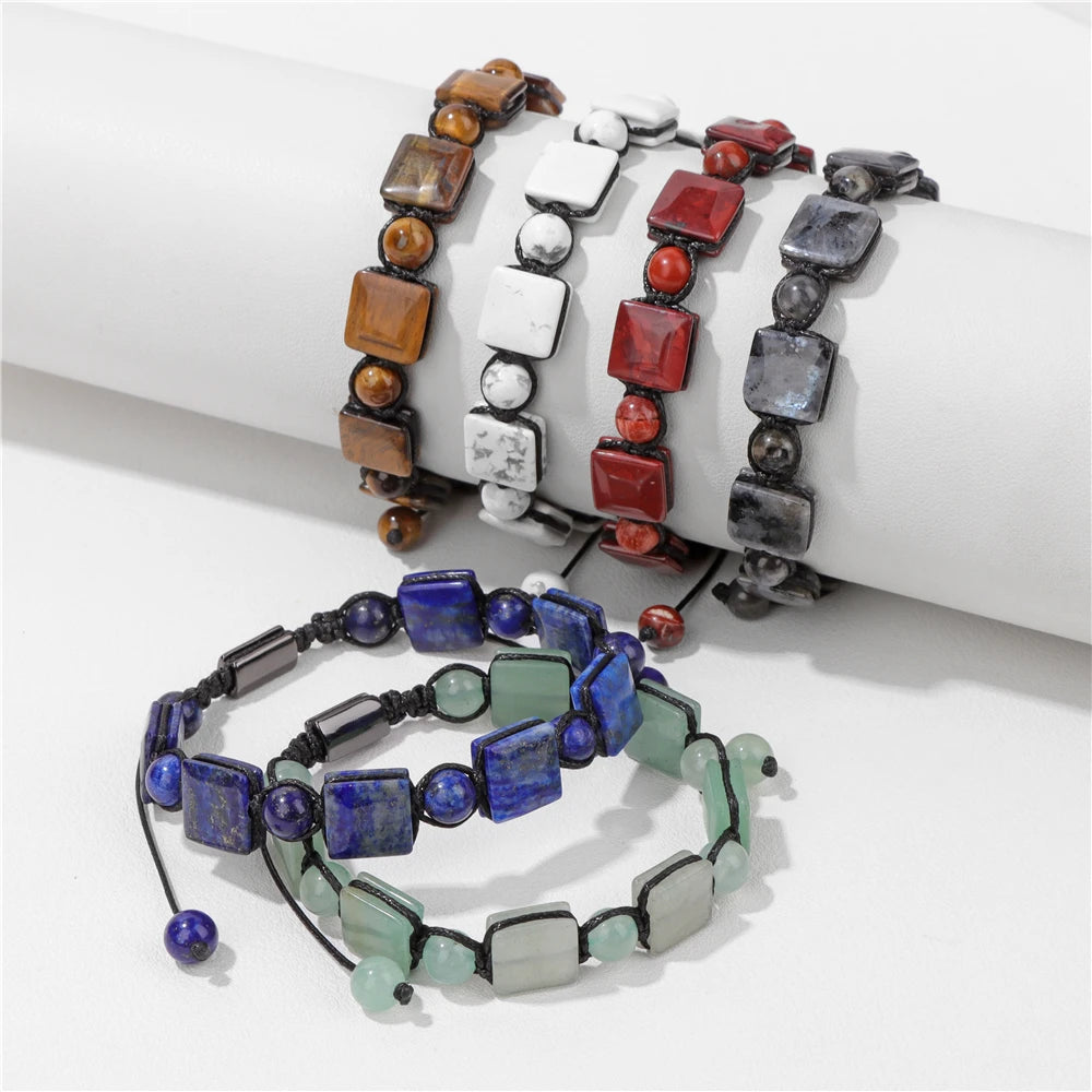 Square Green Aventurine Beads Bracelet Adjustable Rope Bangle for Women