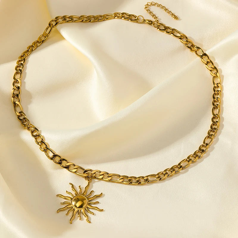 Stainless Steel Metal Gold Color Sun Pendant Necklace for Women