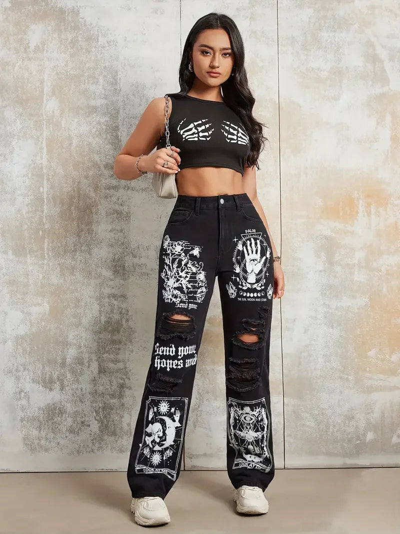 Gothic Jeans for Women Zipper Fly Ripped Denim