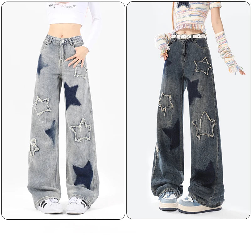 American Vintage Star Embroidery Casual Y2K Denim Trousers for Women
