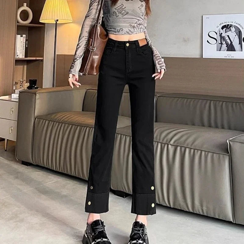 High Waist Straight Leg Denim Fitted Vintage Chic and Elegant Pants for Women