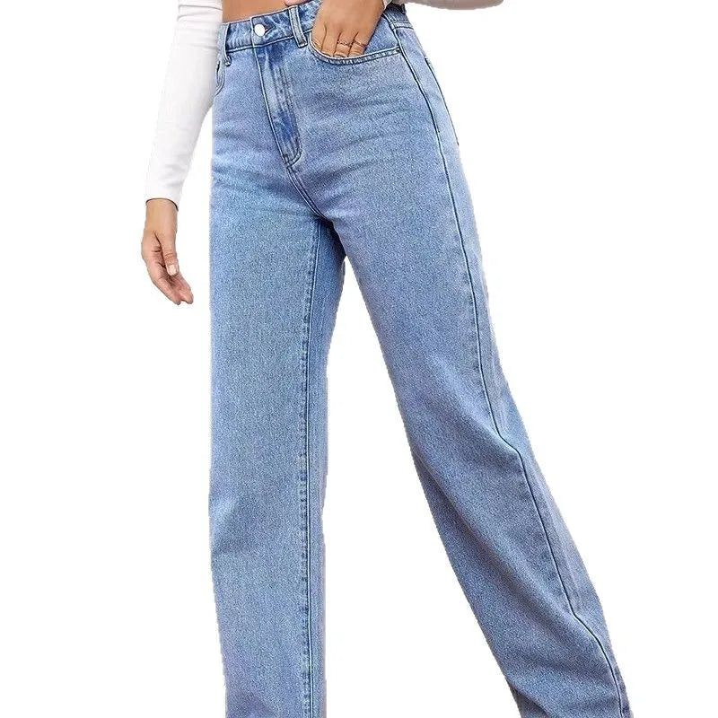 High Waisted Slim Fit Straight Leg Denim Pants for Women