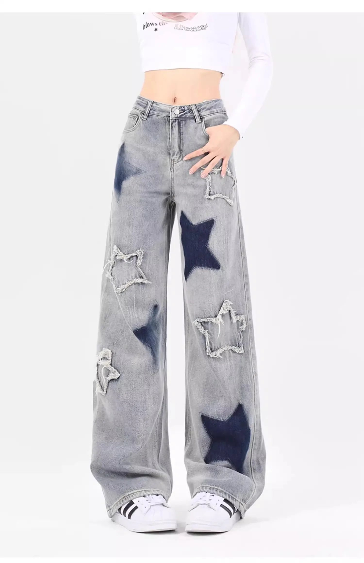 American Vintage Star Embroidery Casual Y2K Denim Trousers for Women