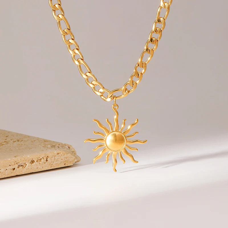 Stainless Steel Metal Gold Color Sun Pendant Necklace for Women