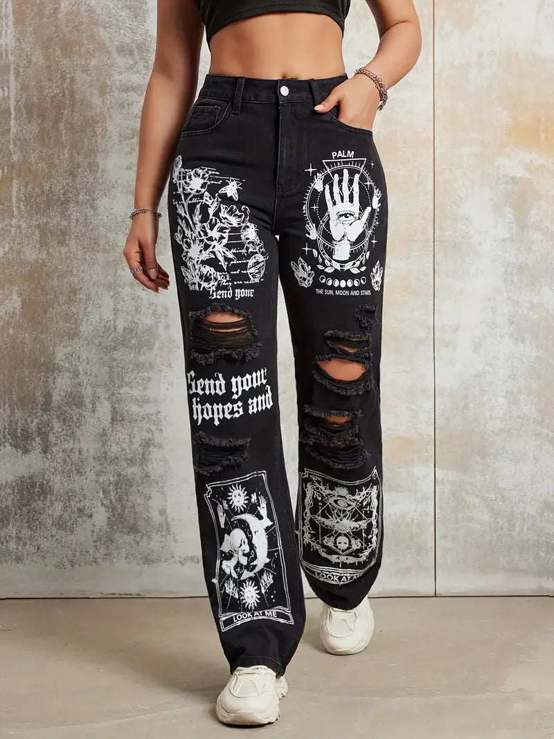 Gothic Jeans for Women Zipper Fly Ripped Denim