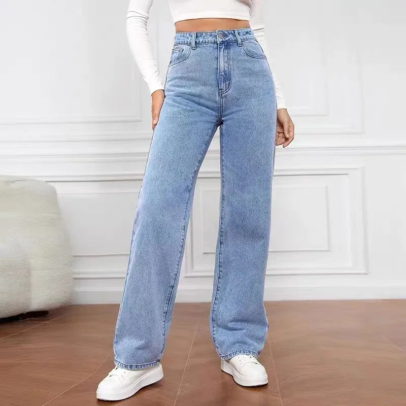 High Waisted Slim Fit Straight Leg Denim Pants for Women