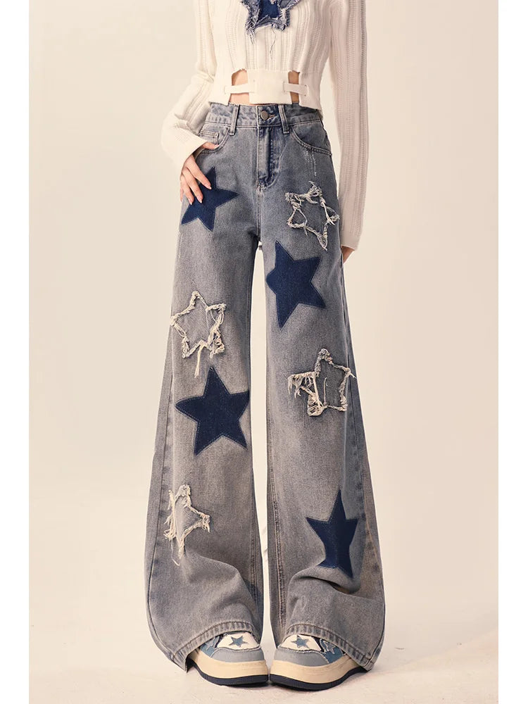 American Vintage Star Embroidery Casual Y2K Denim Trousers for Women