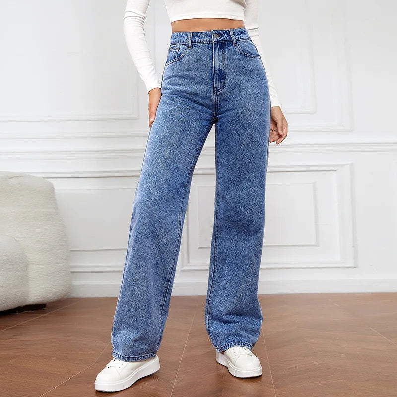 High Waisted Slim Fit Straight Leg Denim Pants for Women