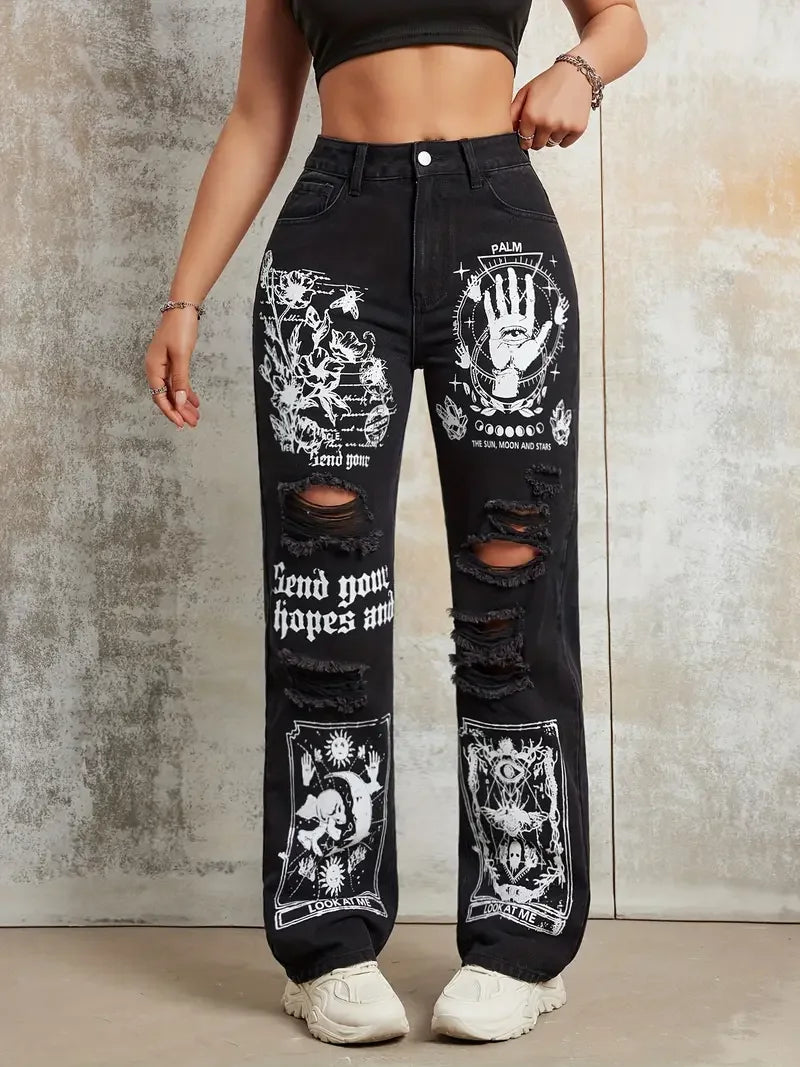Gothic Jeans for Women Zipper Fly Ripped Denim