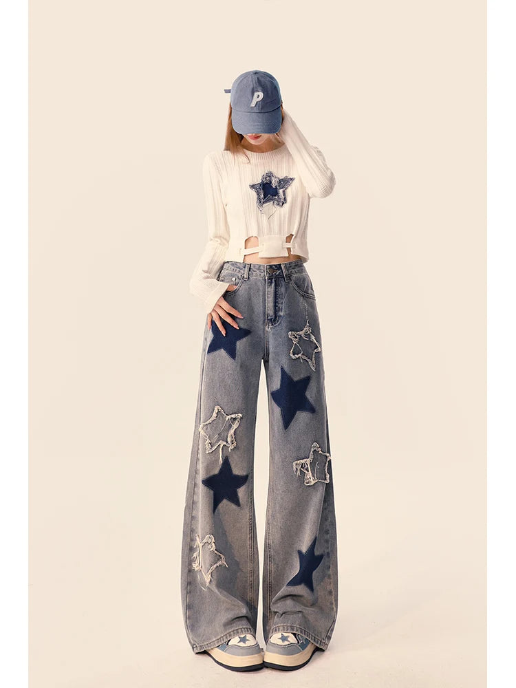 American Vintage Star Embroidery Casual Y2K Denim Trousers for Women