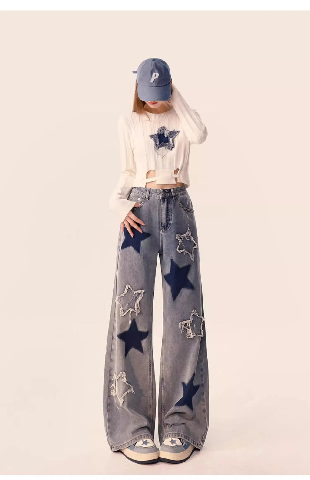American Vintage Star Embroidery Casual Y2K Denim Trousers for Women