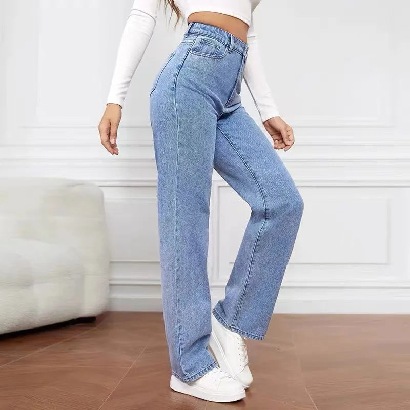 High Waisted Slim Fit Straight Leg Denim Pants for Women
