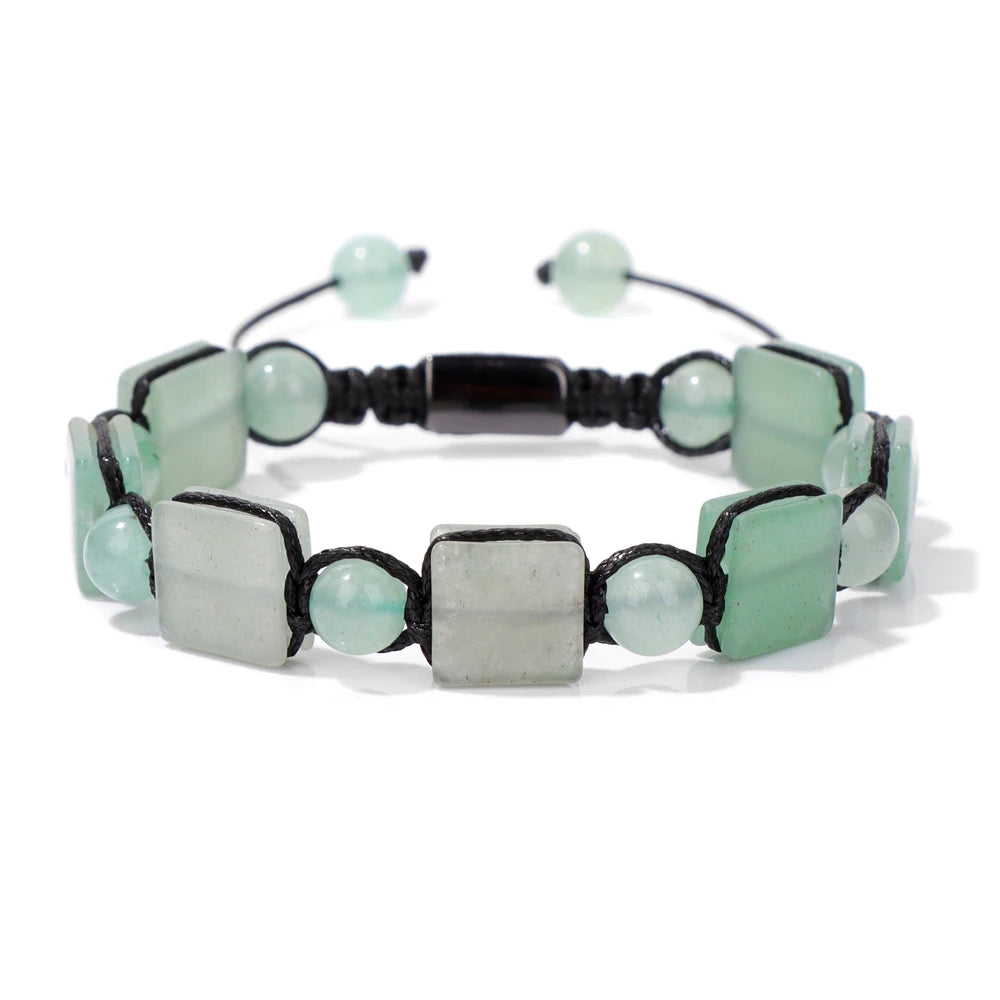 Square Green Aventurine Beads Bracelet Adjustable Rope Bangle for Women