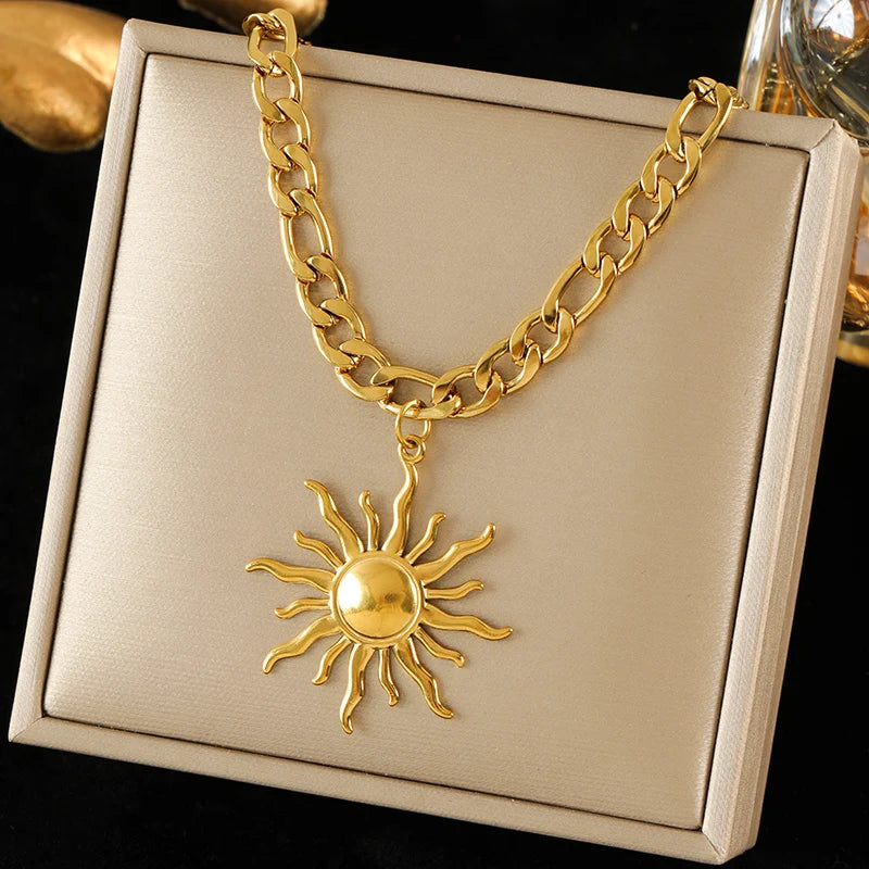 Stainless Steel Metal Gold Color Sun Pendant Necklace for Women