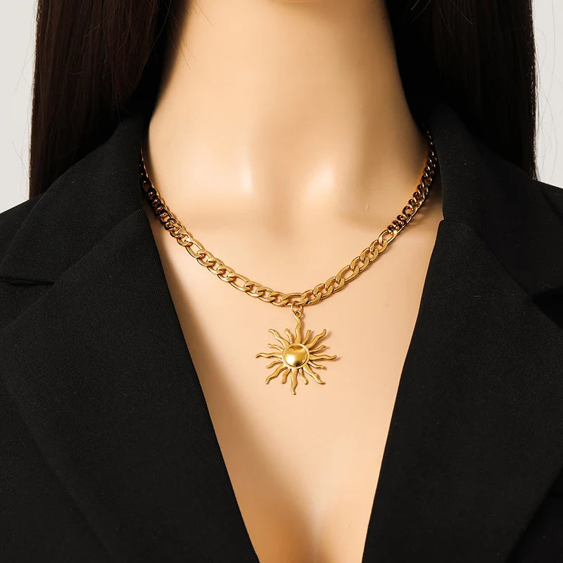 Stainless Steel Metal Gold Color Sun Pendant Necklace for Women