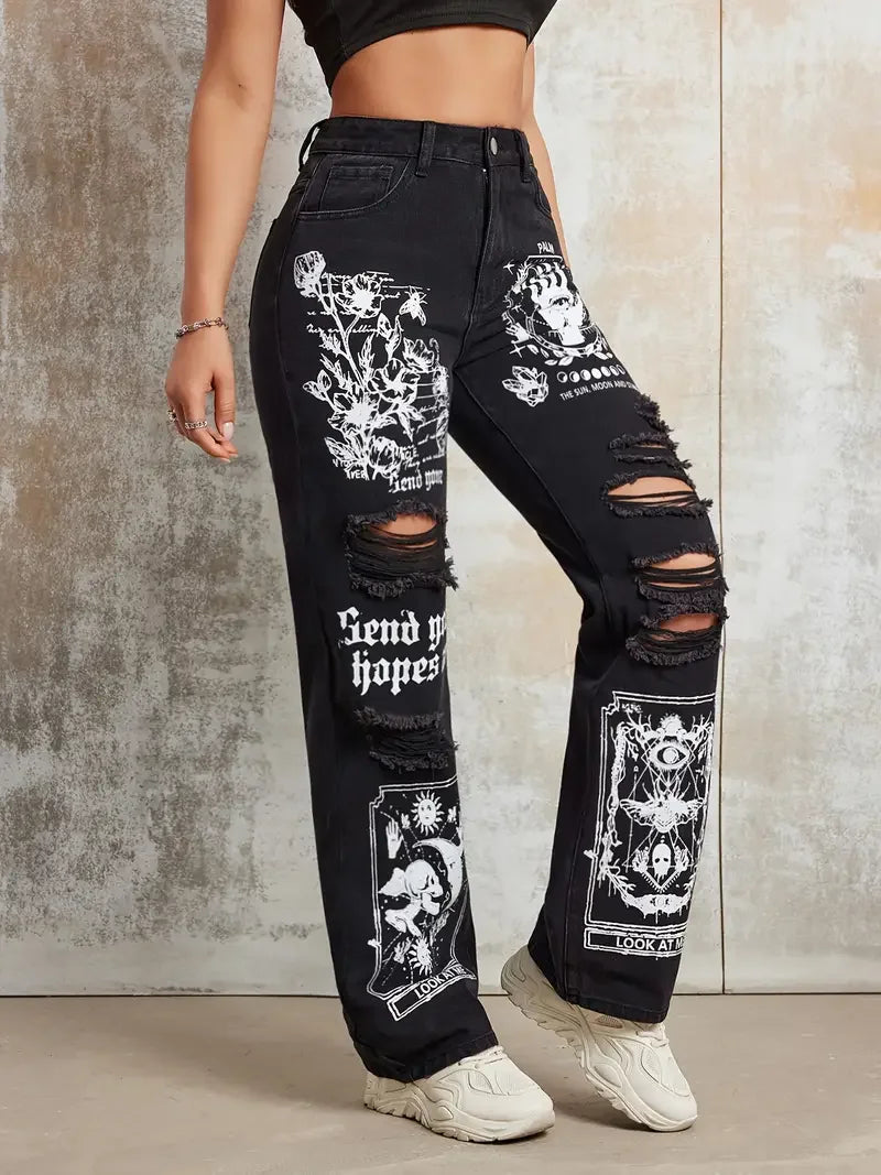 Gothic Jeans for Women Zipper Fly Ripped Denim