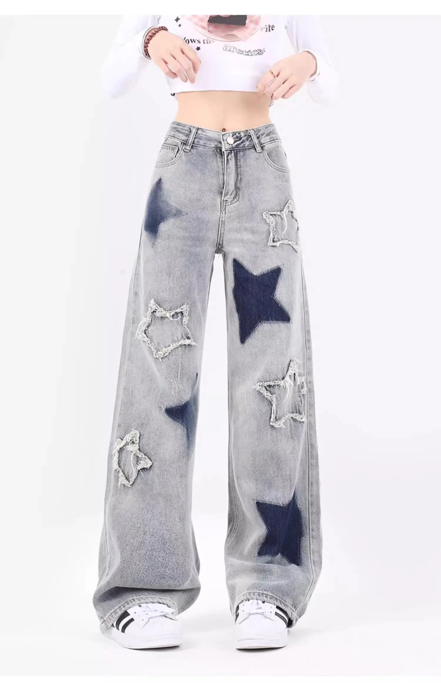 American Vintage Star Embroidery Casual Y2K Denim Trousers for Women