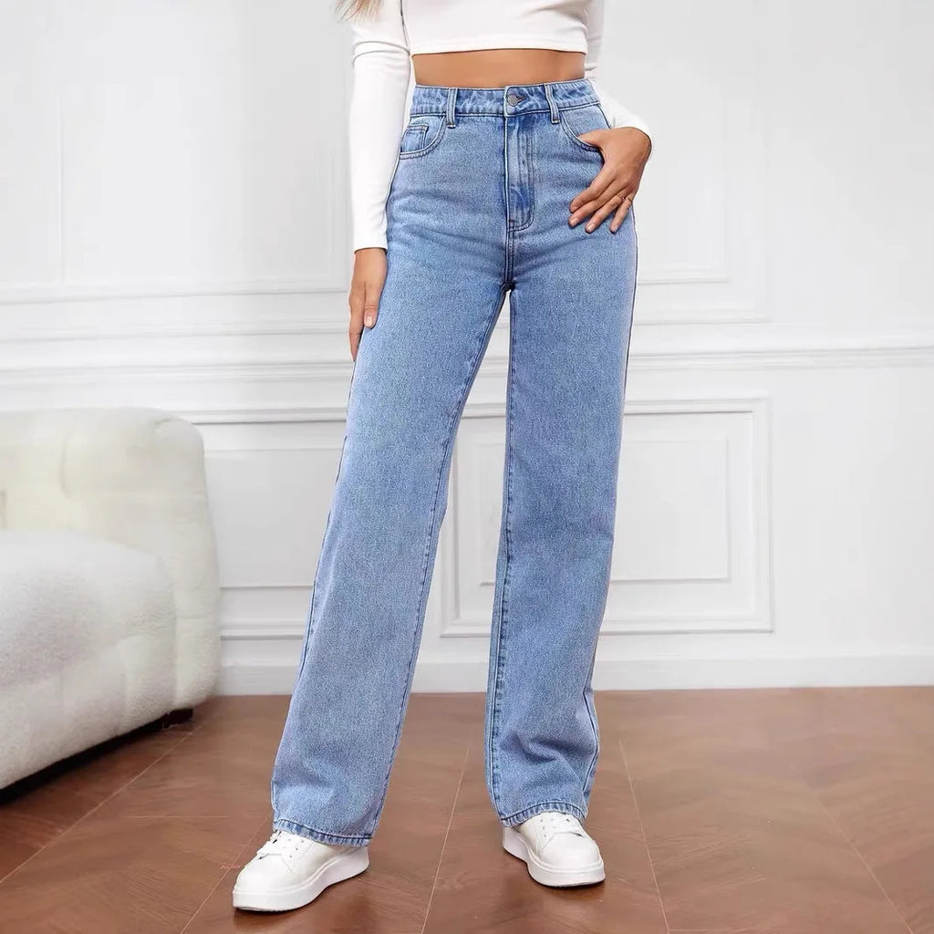 High Waisted Slim Fit Straight Leg Denim Pants for Women