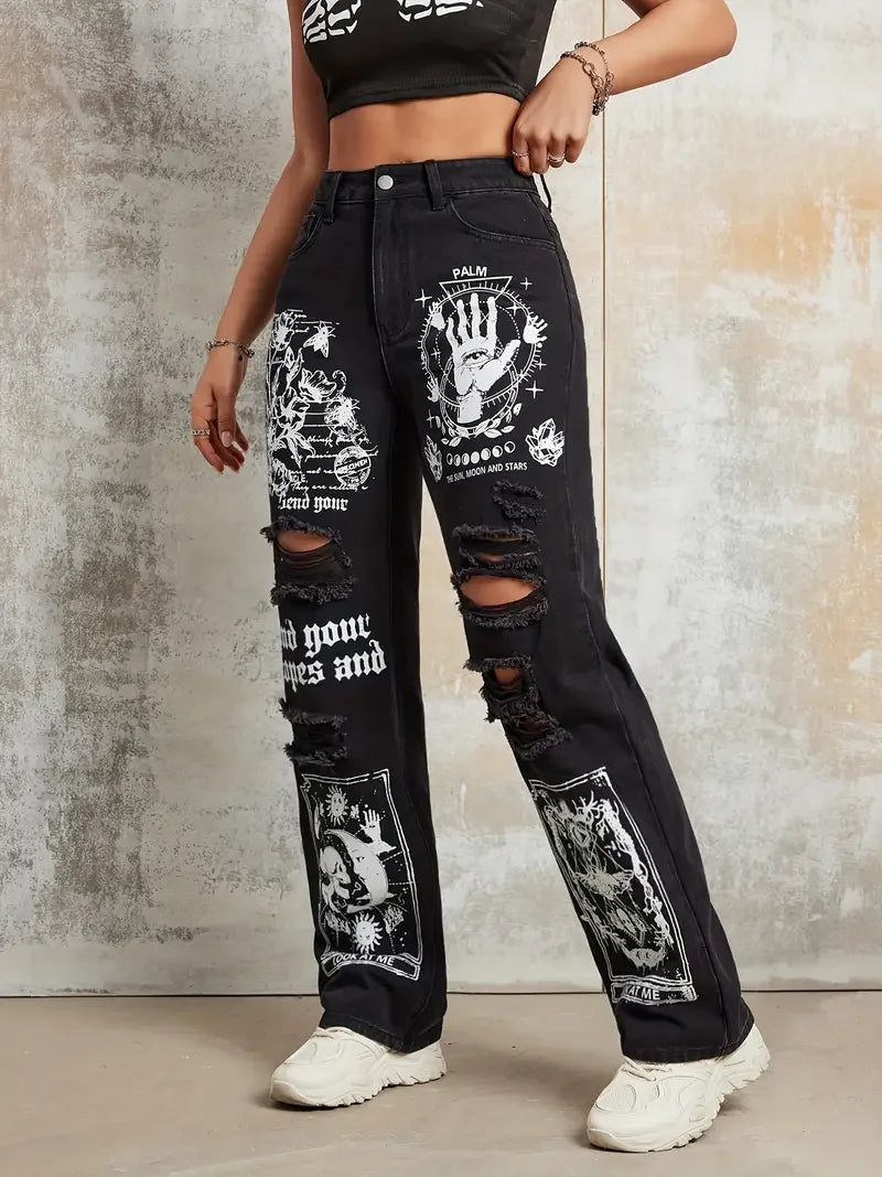 Gothic Jeans for Women Zipper Fly Ripped Denim