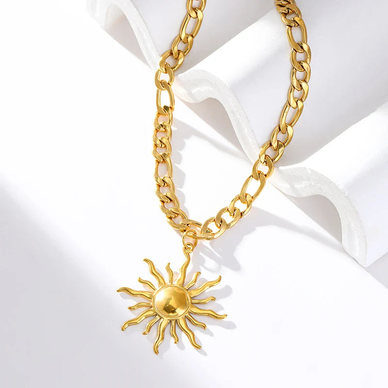 Stainless Steel Metal Gold Color Sun Pendant Necklace for Women