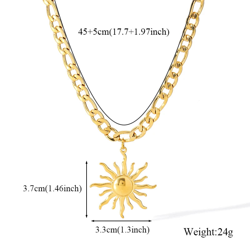 Stainless Steel Metal Gold Color Sun Pendant Necklace for Women