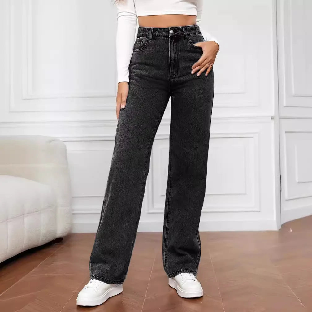 High Waisted Slim Fit Straight Leg Denim Pants for Women