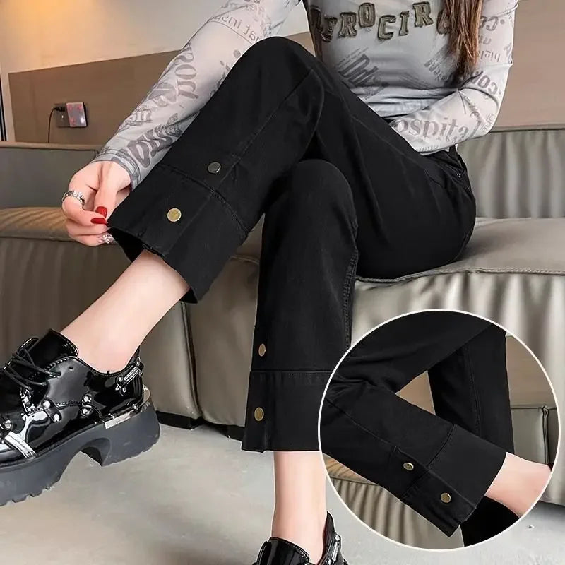 High Waist Straight Leg Denim Fitted Vintage Chic and Elegant Pants for Women