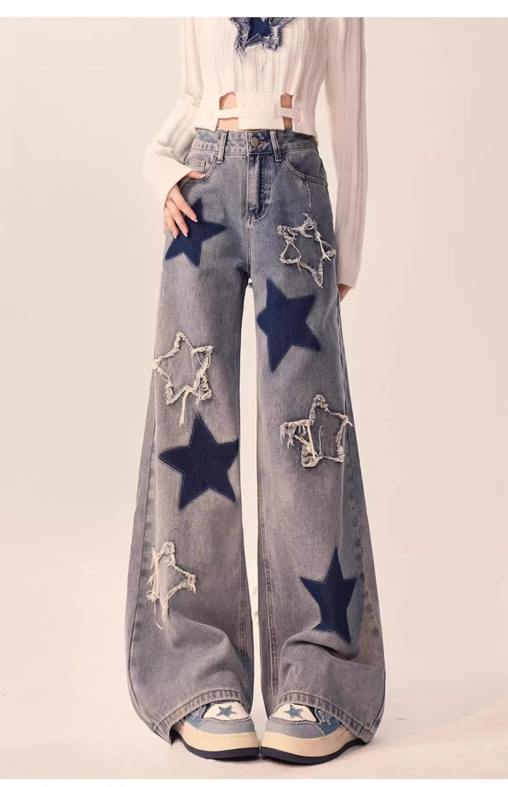 American Vintage Star Embroidery Casual Y2K Denim Trousers for Women