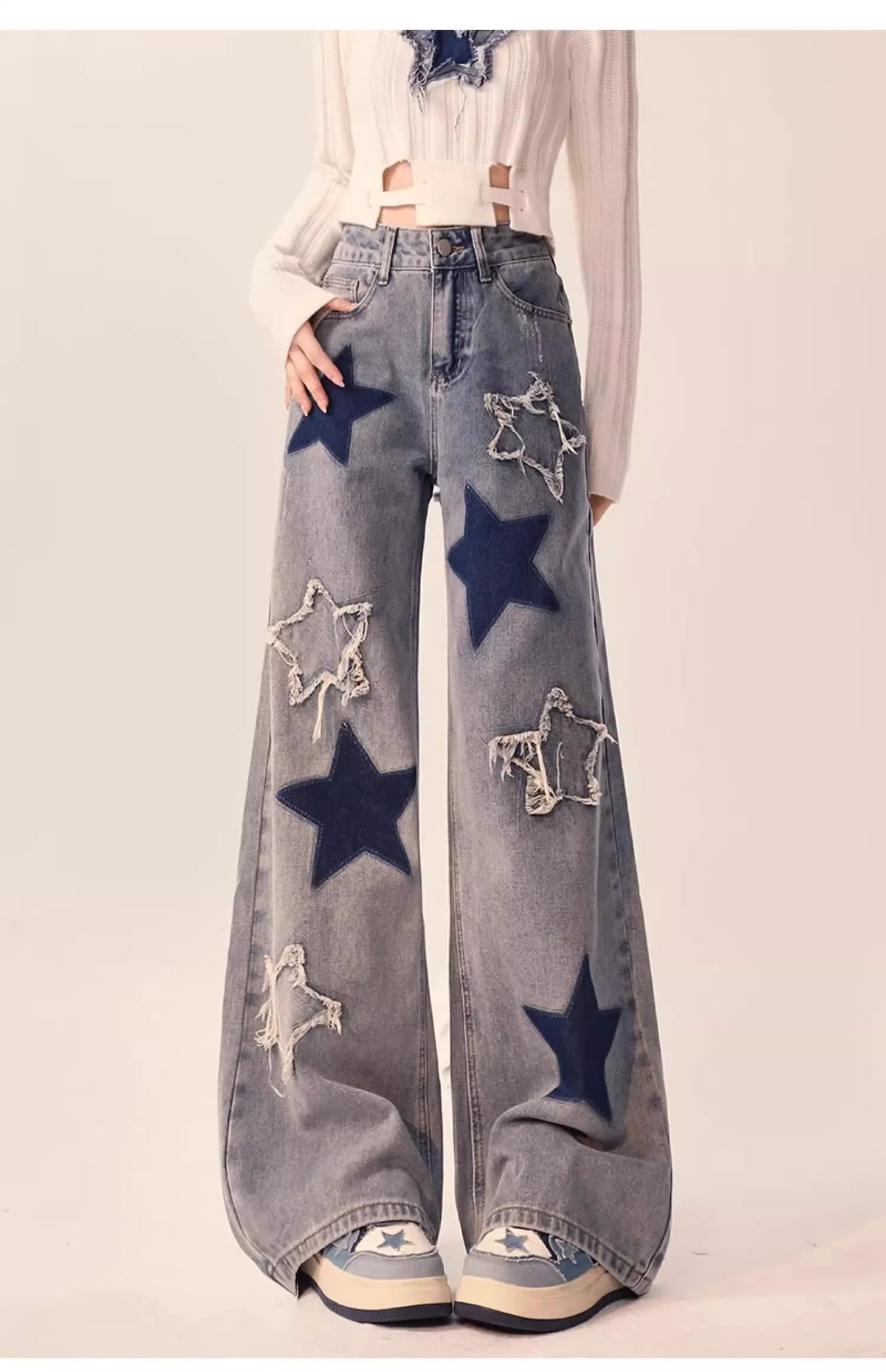 American Vintage Star Embroidery Casual Y2K Denim Trousers for Women