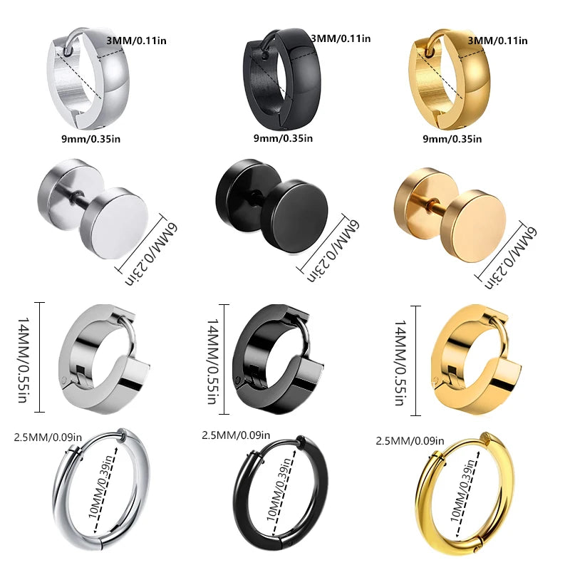 Multi Types Unisex Black Gold Color Stainless Steel Earring 1 Pairs