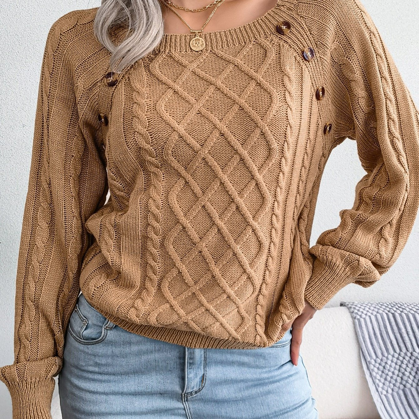 Women's Round Neck Sweater - Texture Button Lantern Sleeve Sweater