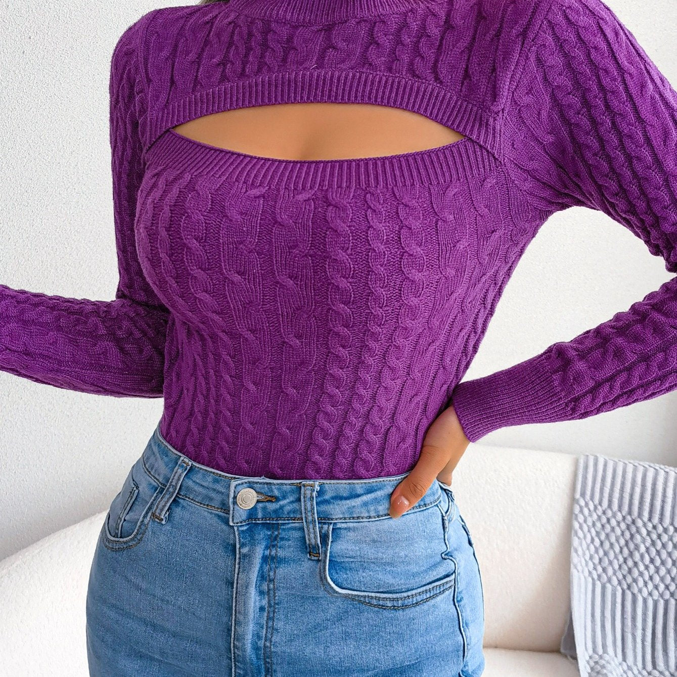 Women's Long Sleeve Hollow Sweater | High Stretch Fabric, Crew Neck, Slim Fit, Autumn/Winter