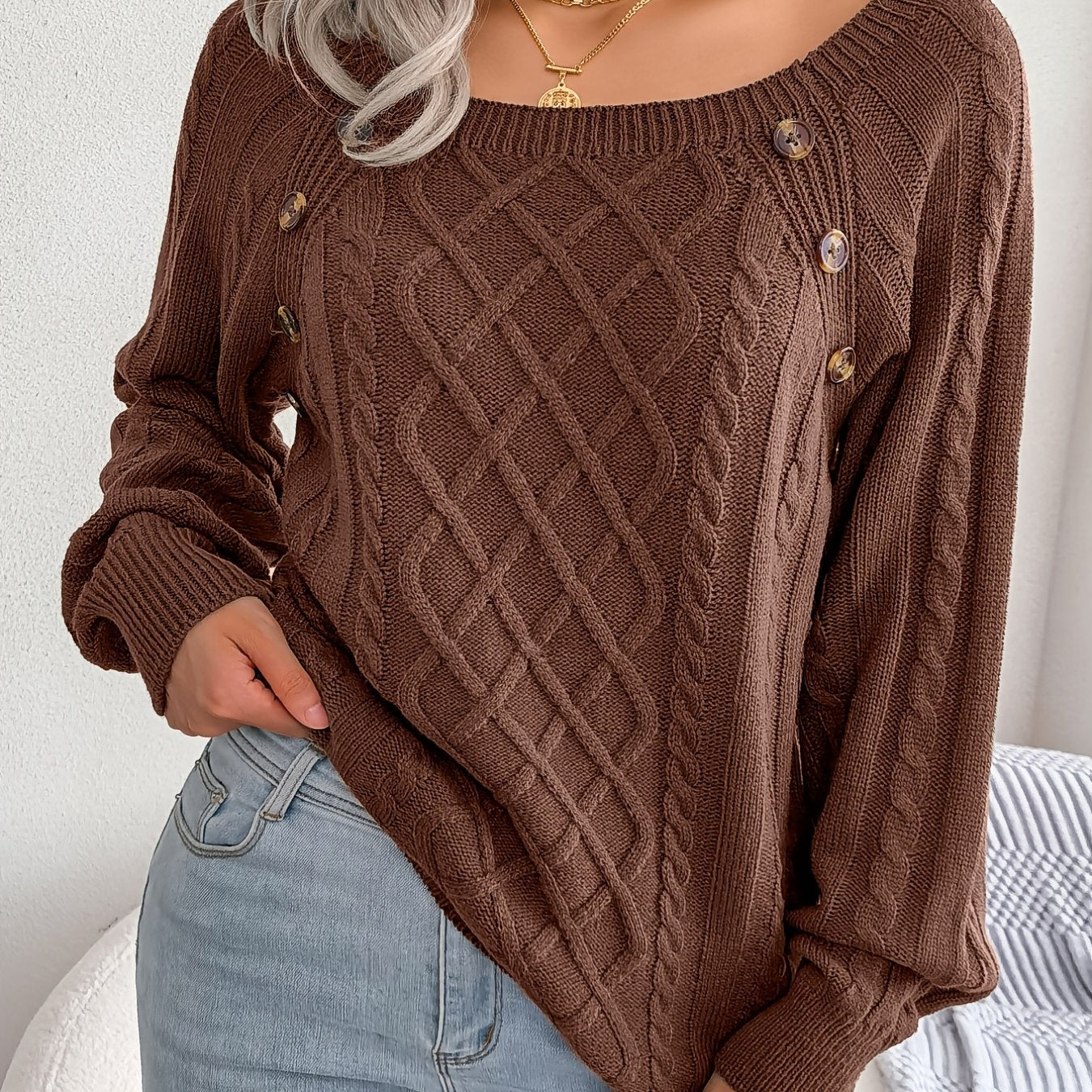 Women's Round Neck Sweater - Texture Button Lantern Sleeve Sweater