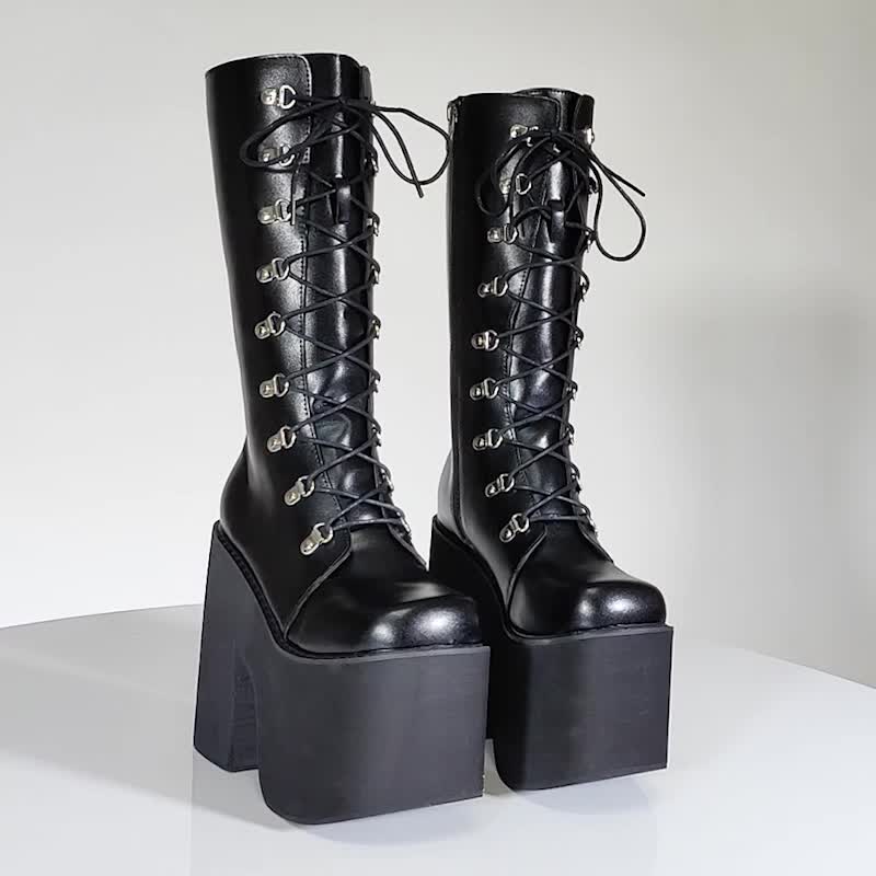 Y2K Women's Platform Boots | Black Closed Toe Lace Up Long Boots