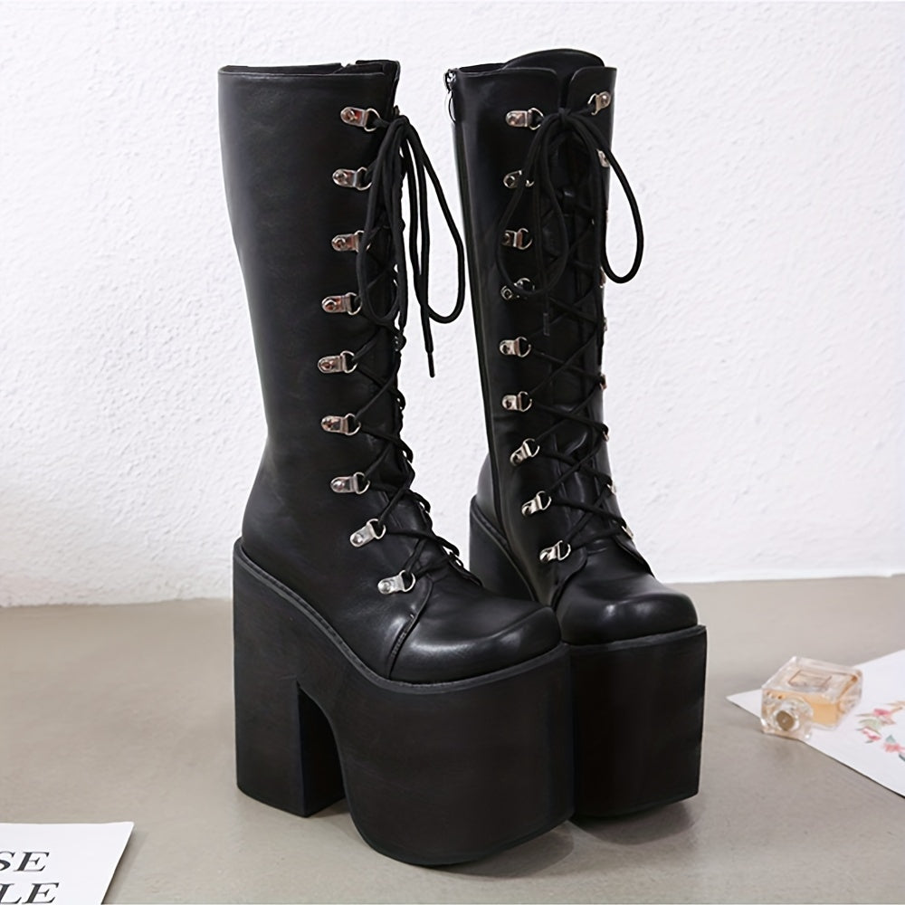 Y2K Women's Platform Boots | Black Closed Toe Lace Up Long Boots