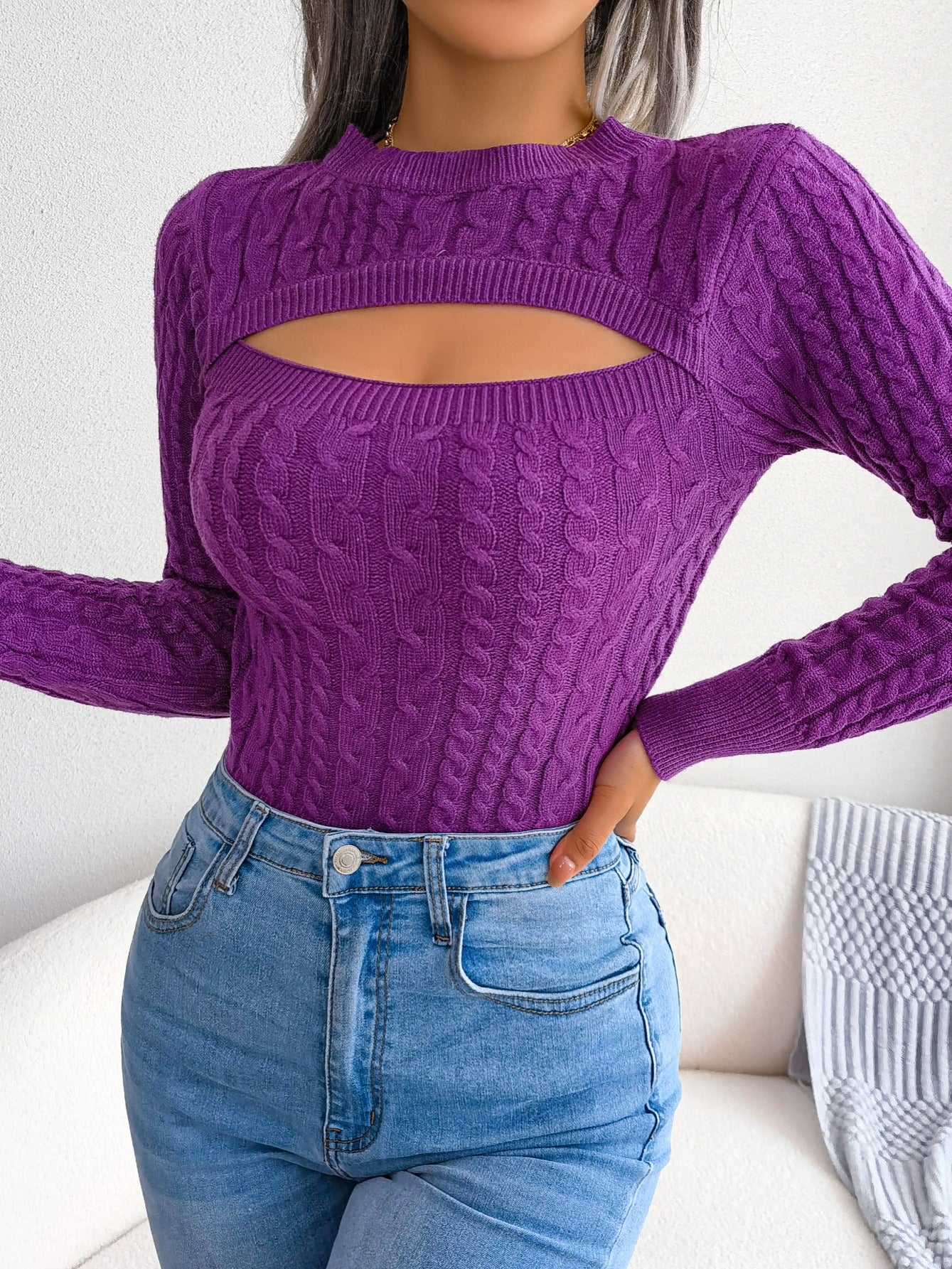 Women's Long Sleeve Hollow Sweater | High Stretch Fabric, Crew Neck, Slim Fit, Autumn/Winter