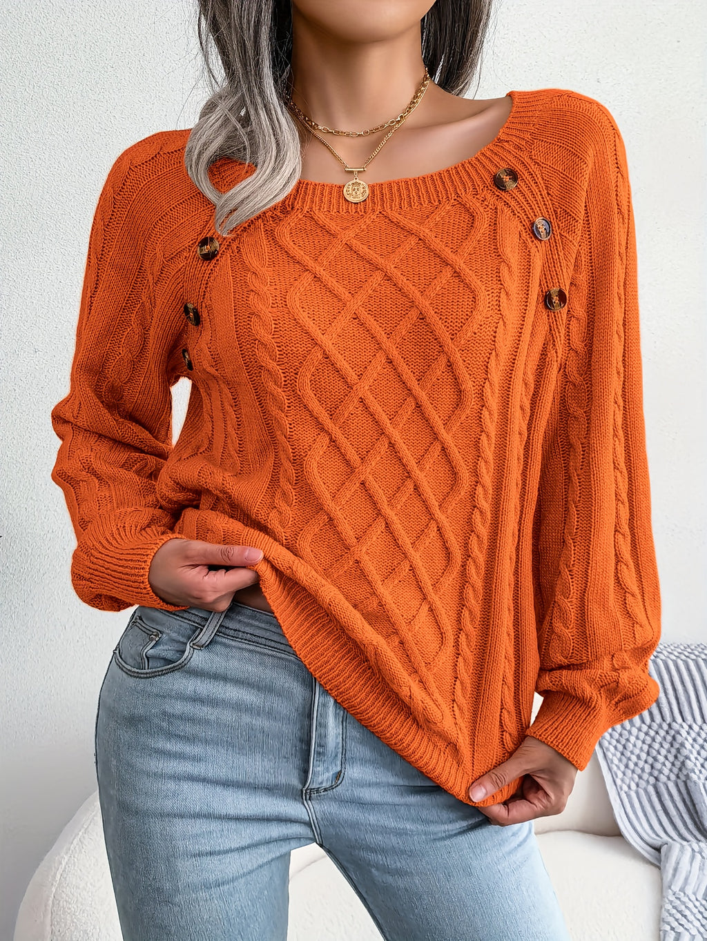 Women's Round Neck Sweater - Texture Button Lantern Sleeve Sweater