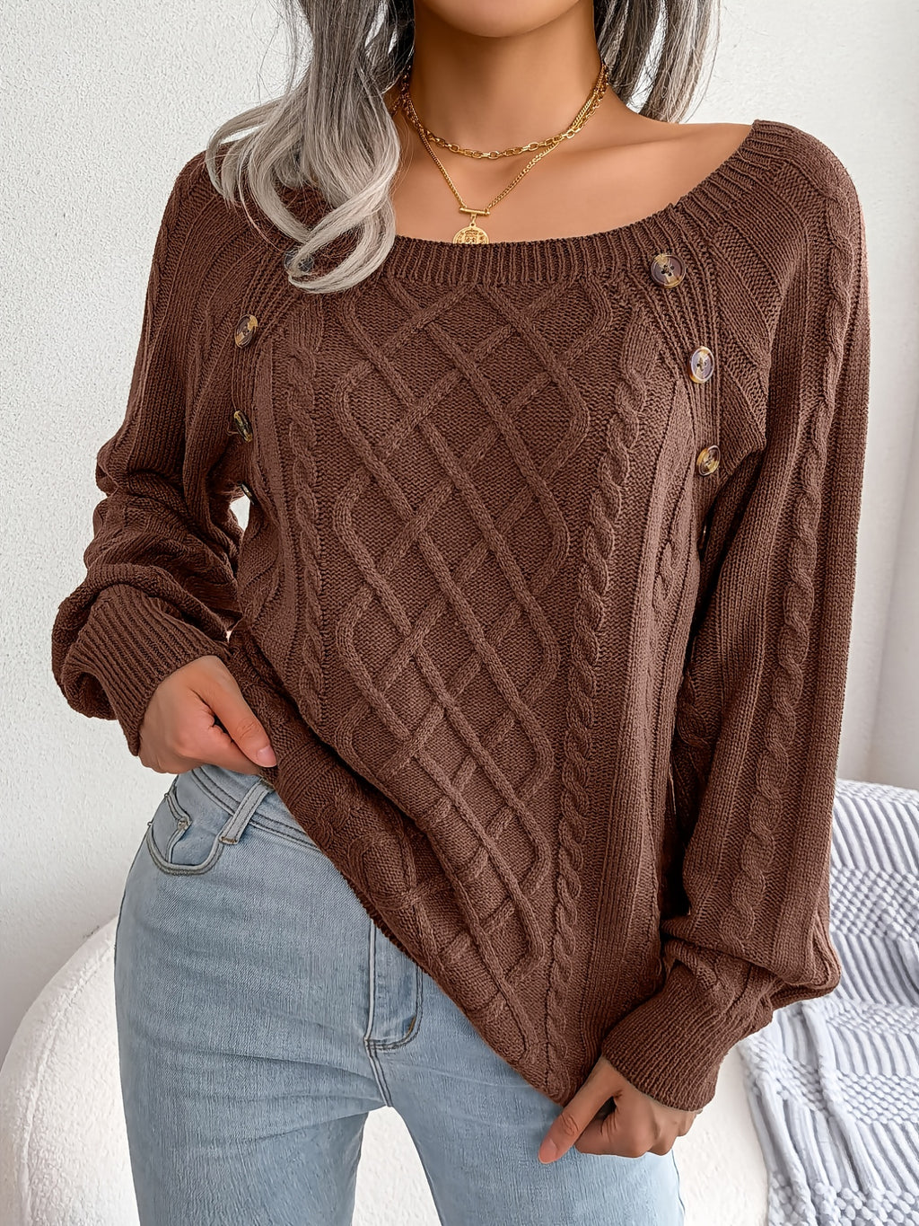 Women's Round Neck Sweater - Texture Button Lantern Sleeve Sweater