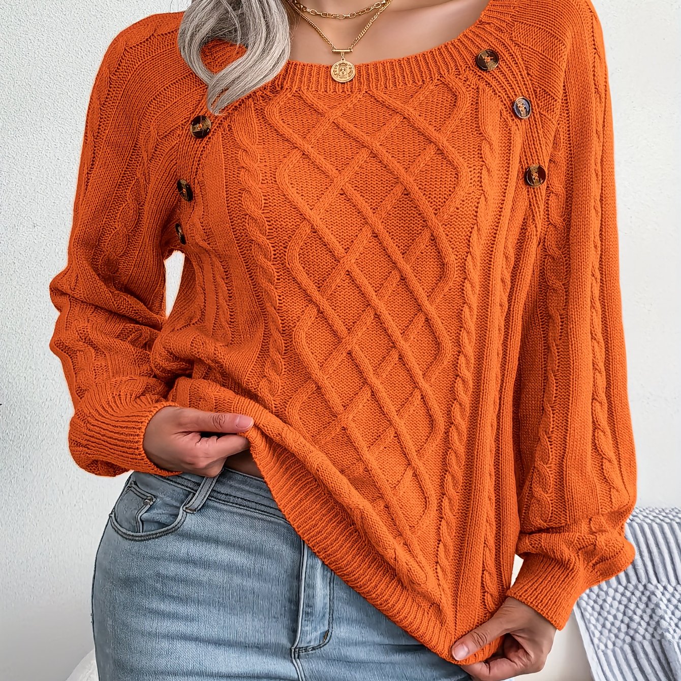 Women's Round Neck Sweater - Texture Button Lantern Sleeve Sweater