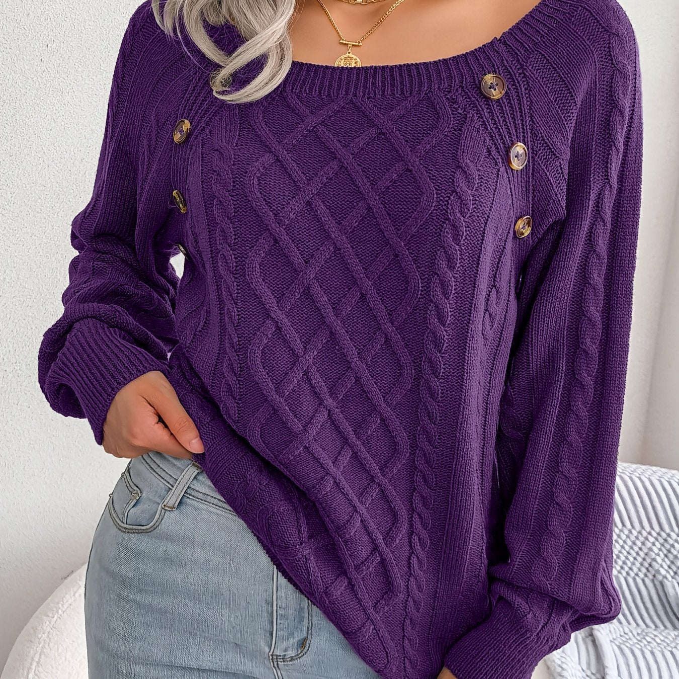 Women's Round Neck Sweater - Texture Button Lantern Sleeve Sweater