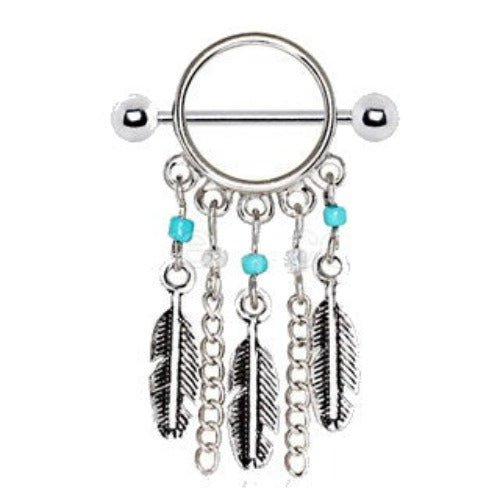 316L Surgical Steel Turquoise Beads Feather Dangle Nipple Shield-1