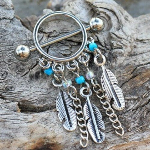 316L Surgical Steel Turquoise Beads Feather Dangle Nipple Shield-0